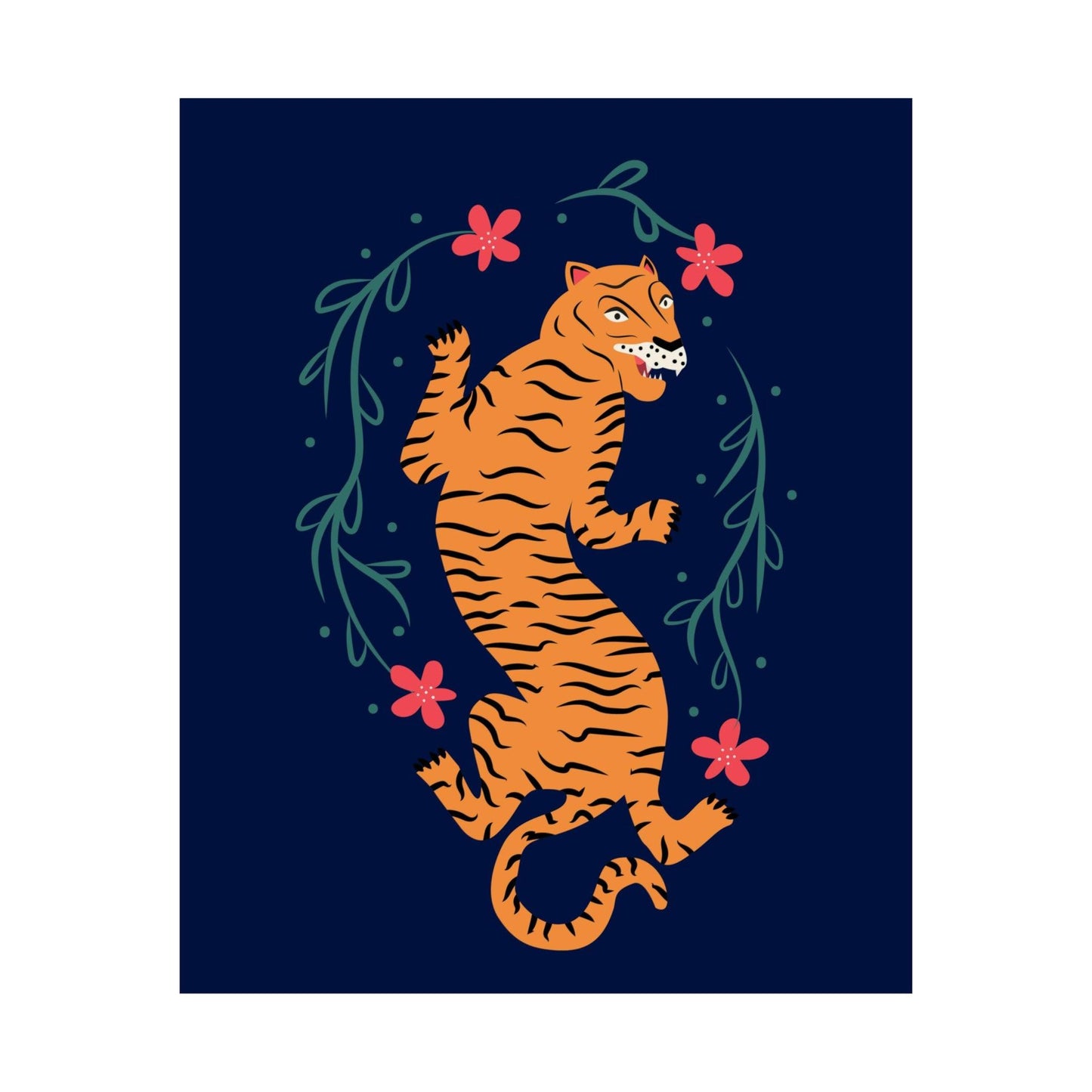 Tiger & Flowers Blue Poster