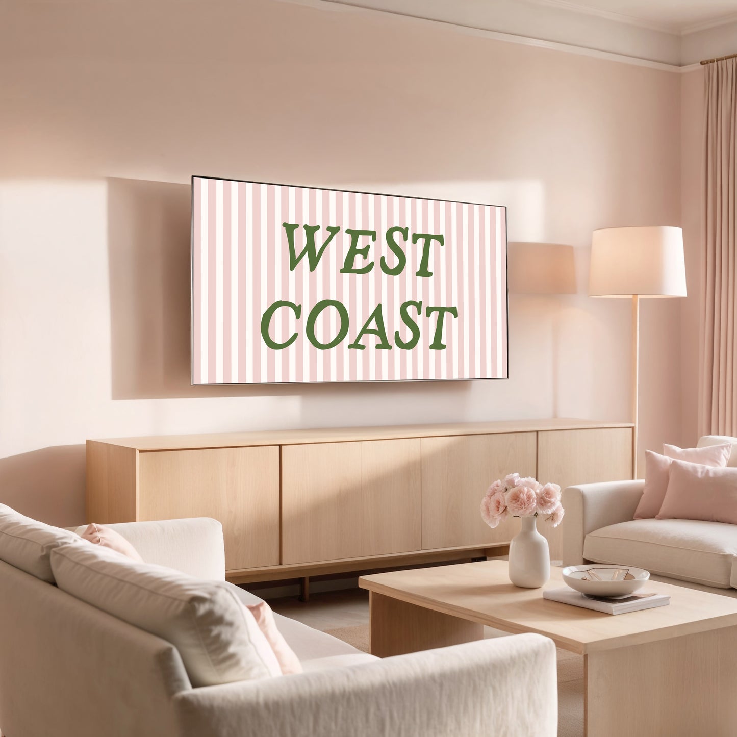 Living room with a TV displaying 'WEST COAST' on a striped background