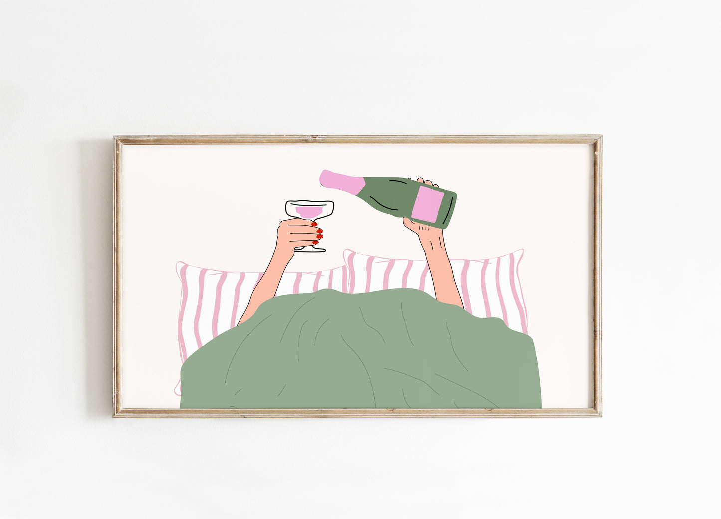 Framed artwork of a person lying in bed with a glass of pink wine and a bottle, on a white background.