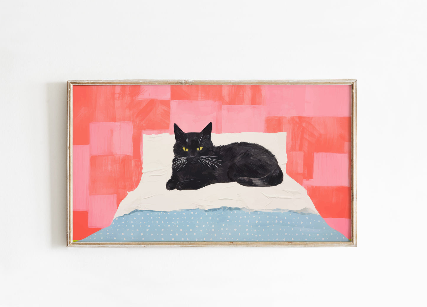 Framed artwork of a black cat on a pink and blue checkered background