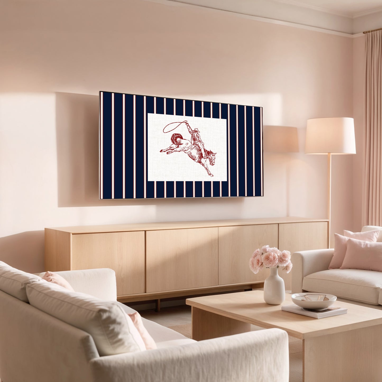 Modern living room with a television displaying an abstract art piece, light-colored furniture, and decorative elements.