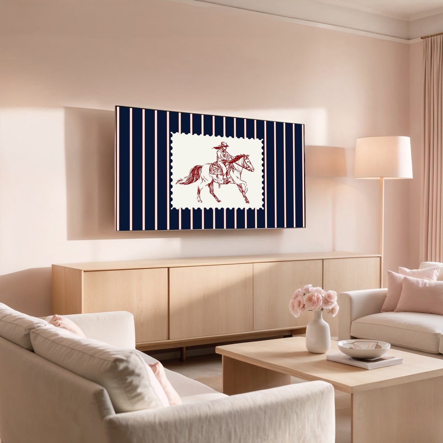 Living room with a television displaying a graphic of a cowboy on a horse, flanked by two lamps.