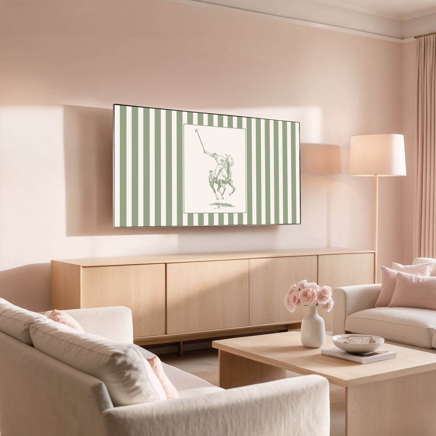 Modern living room with a TV displaying a green and white striped logo, beige walls, and furniture.