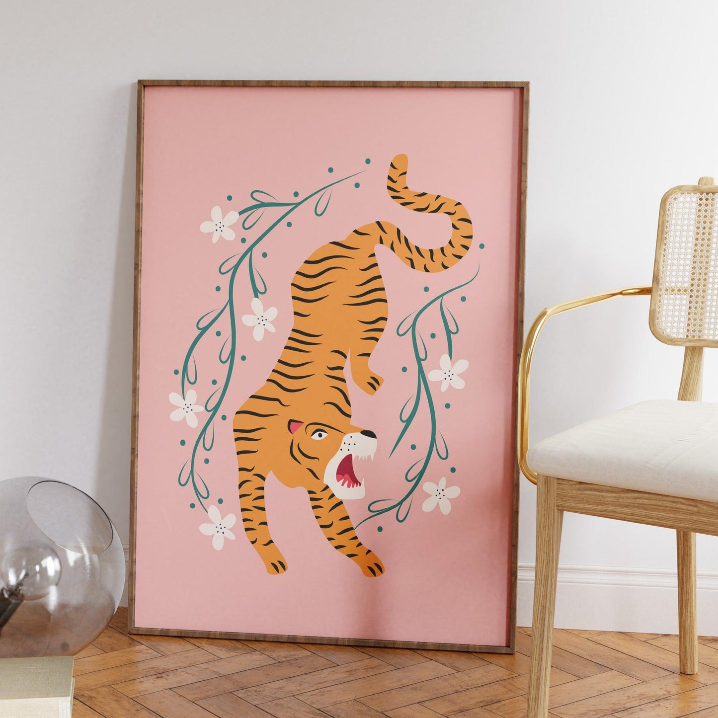 Tiger & Flowers Pink Poster