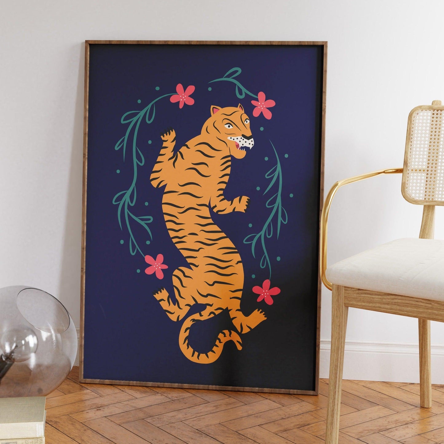 Tiger & Flowers Blue Poster