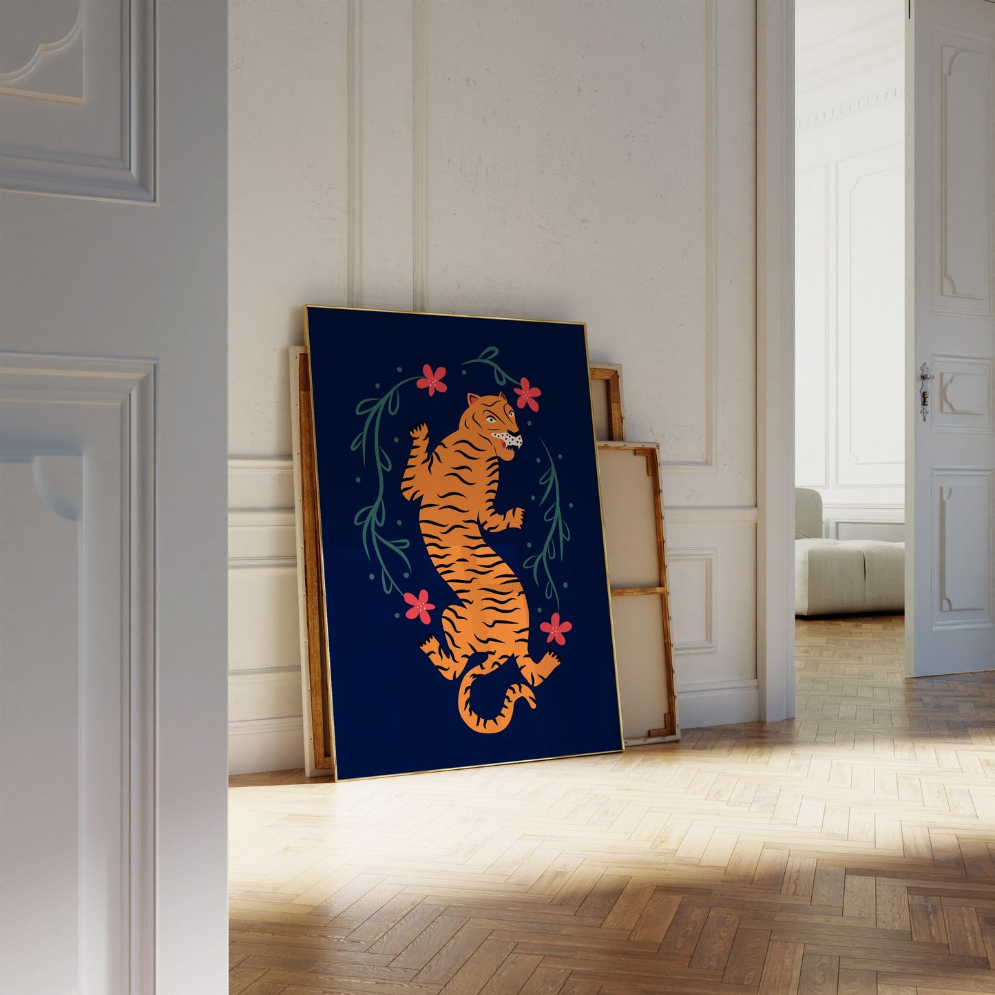 Tiger & Flowers Blue Poster