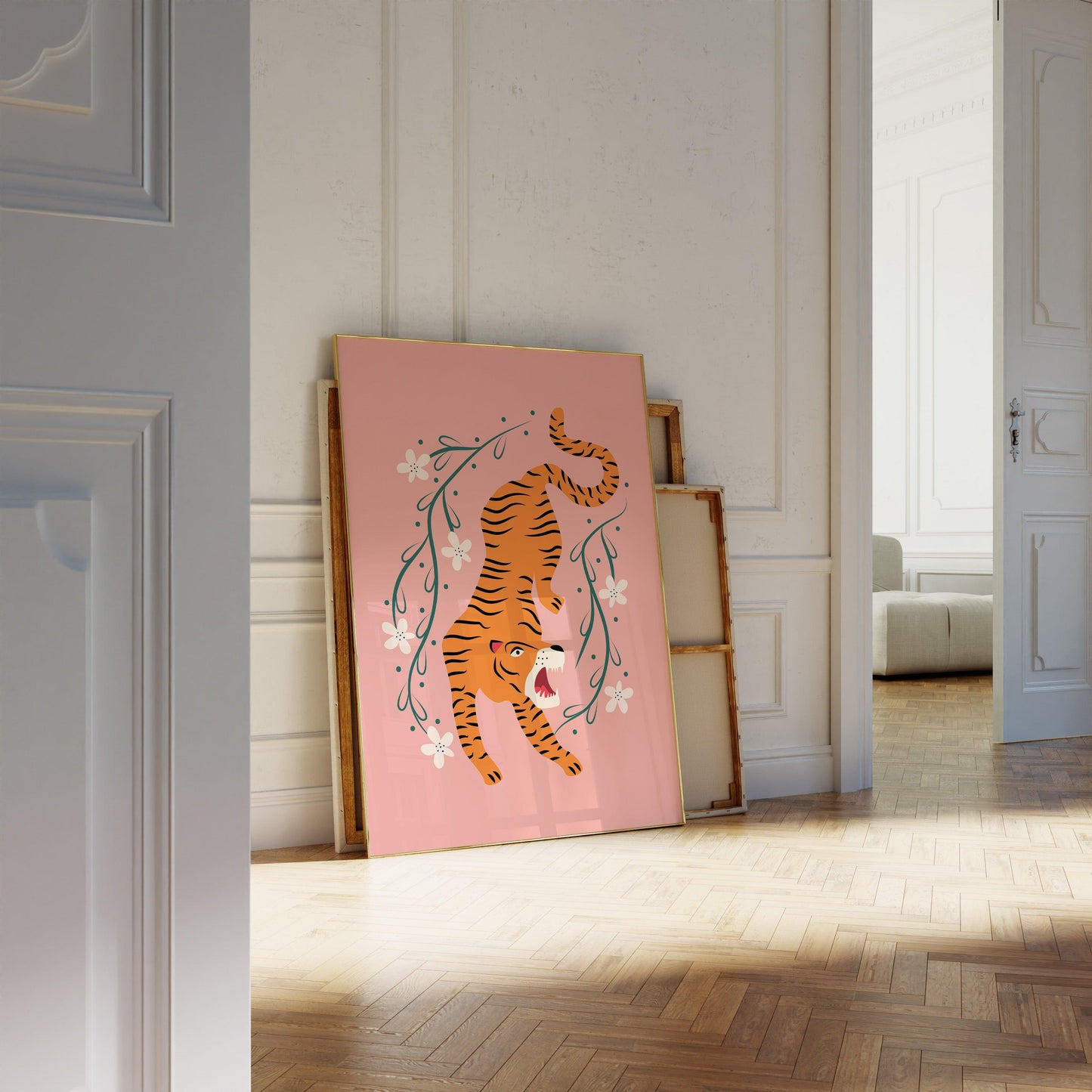 Tiger & Flowers Pink Poster