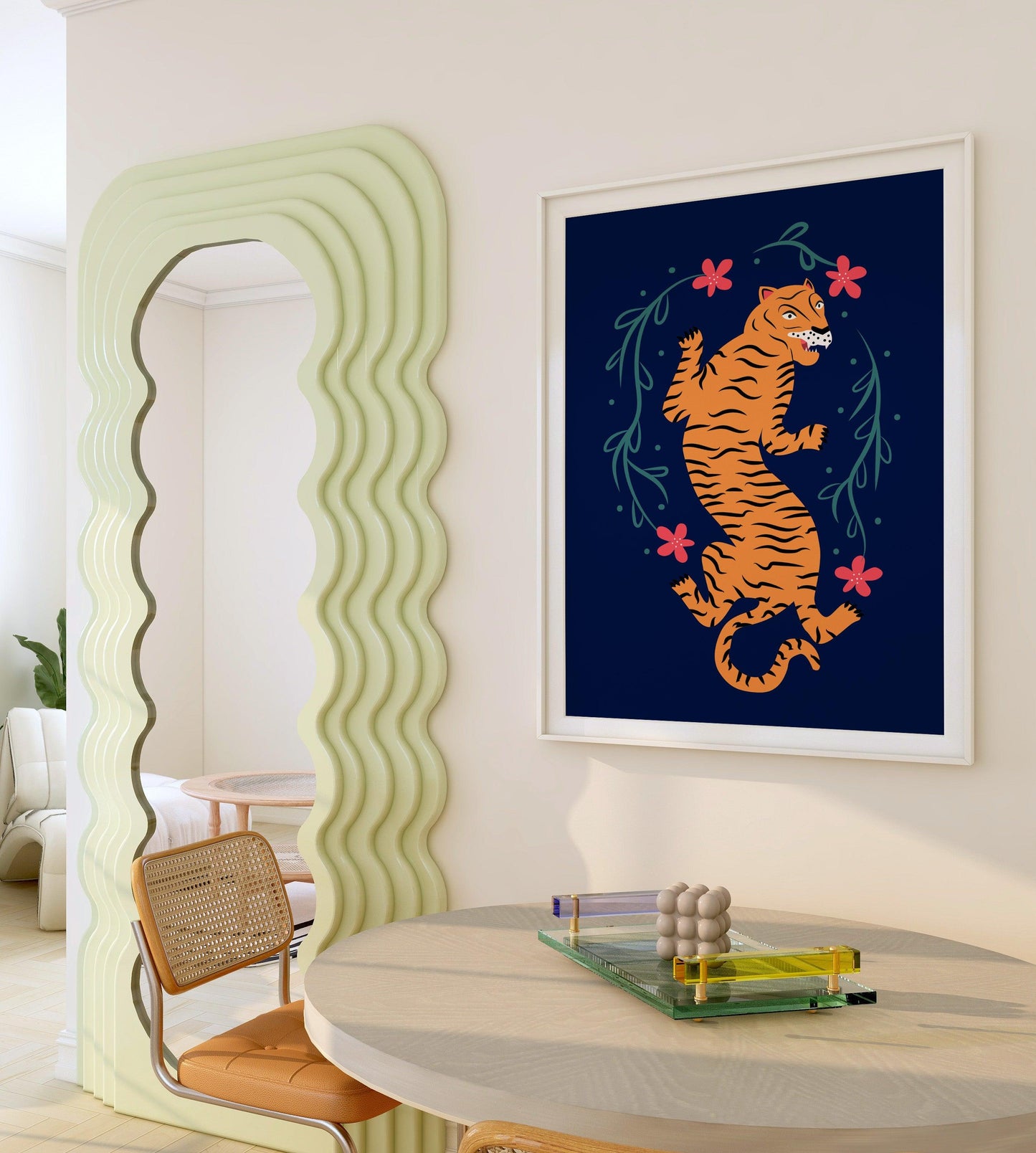 Tiger & Flowers Blue Poster