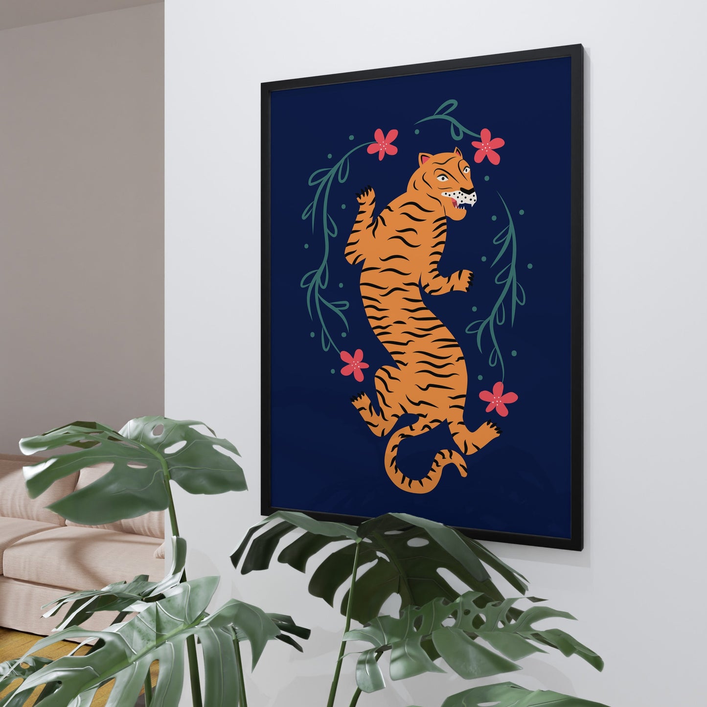 Tiger & Flowers Blue Poster