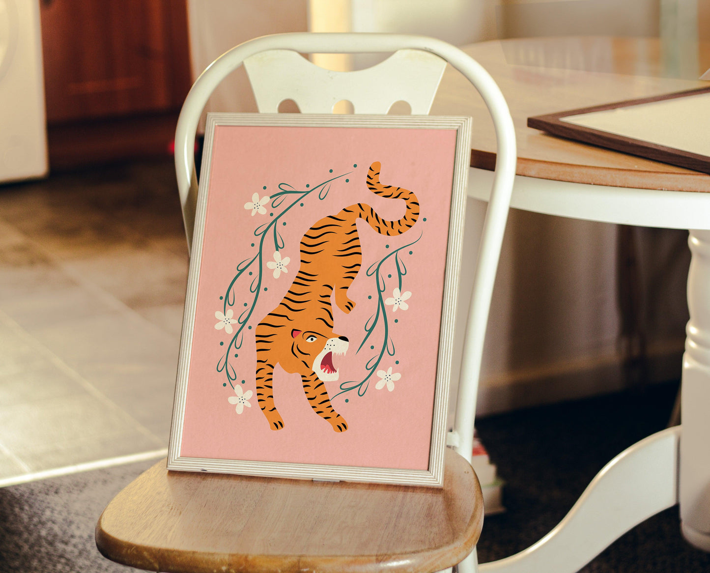 Tiger & Flowers Pink Poster