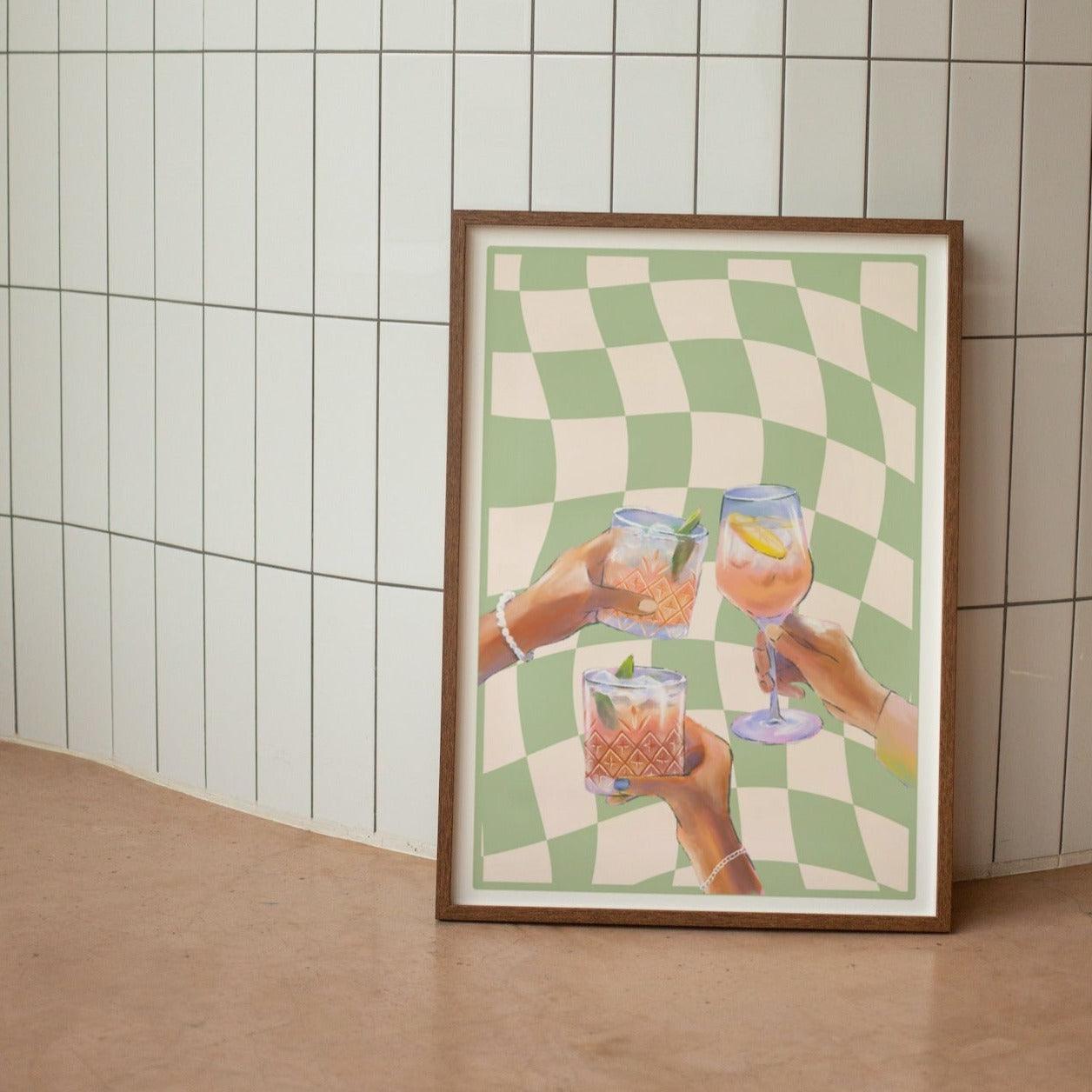 Green Checkered Cocktail Poster