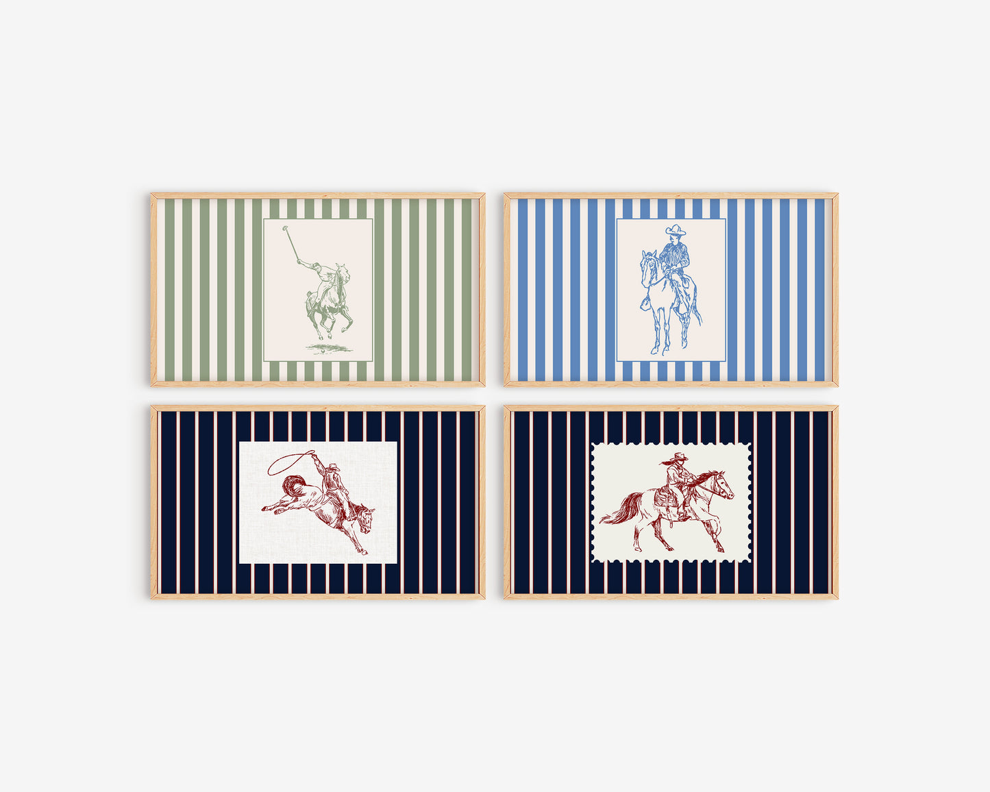 Set of four framed prints with striped borders and horse-related illustrations on a white background.