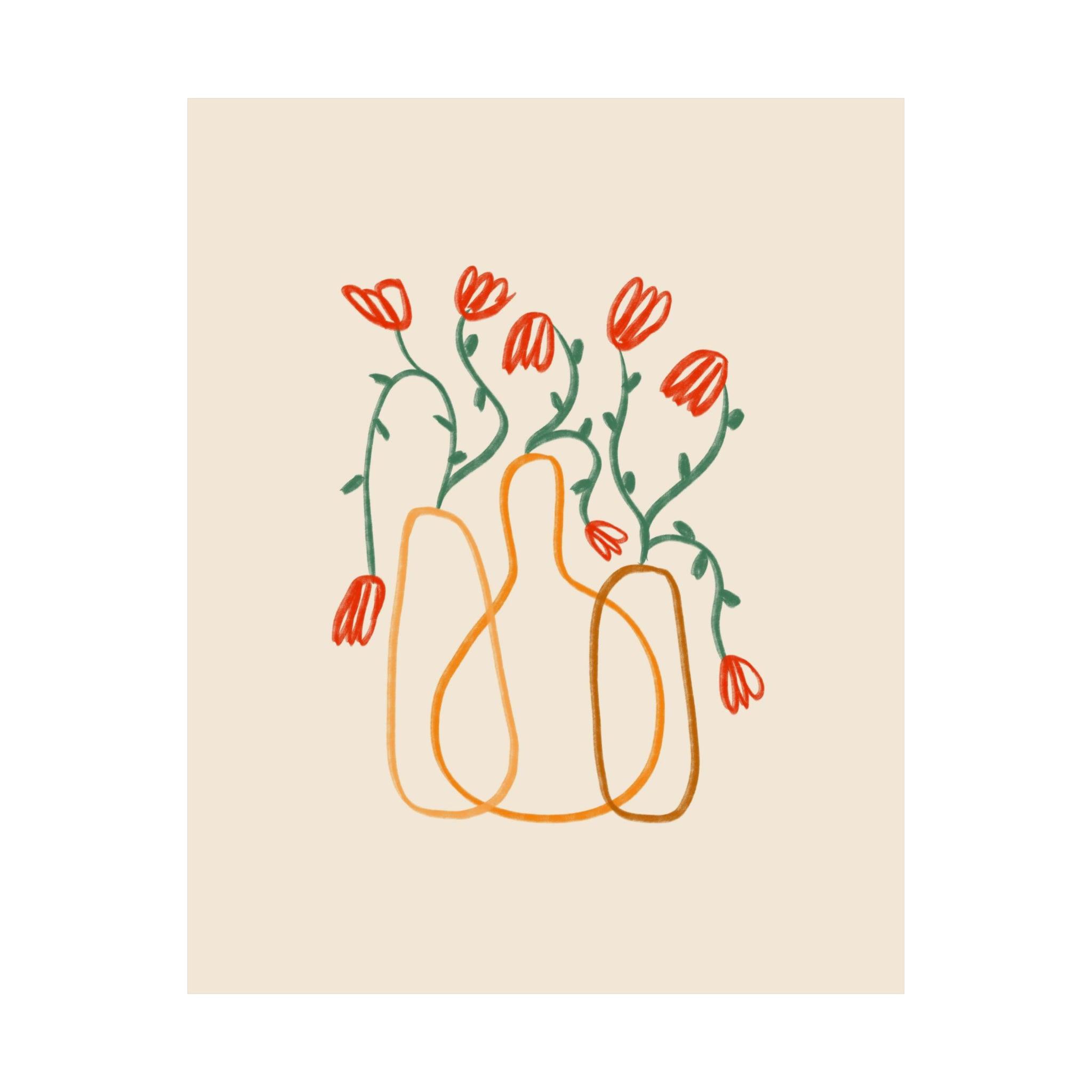 Hand Drawn Red Flowers Vase