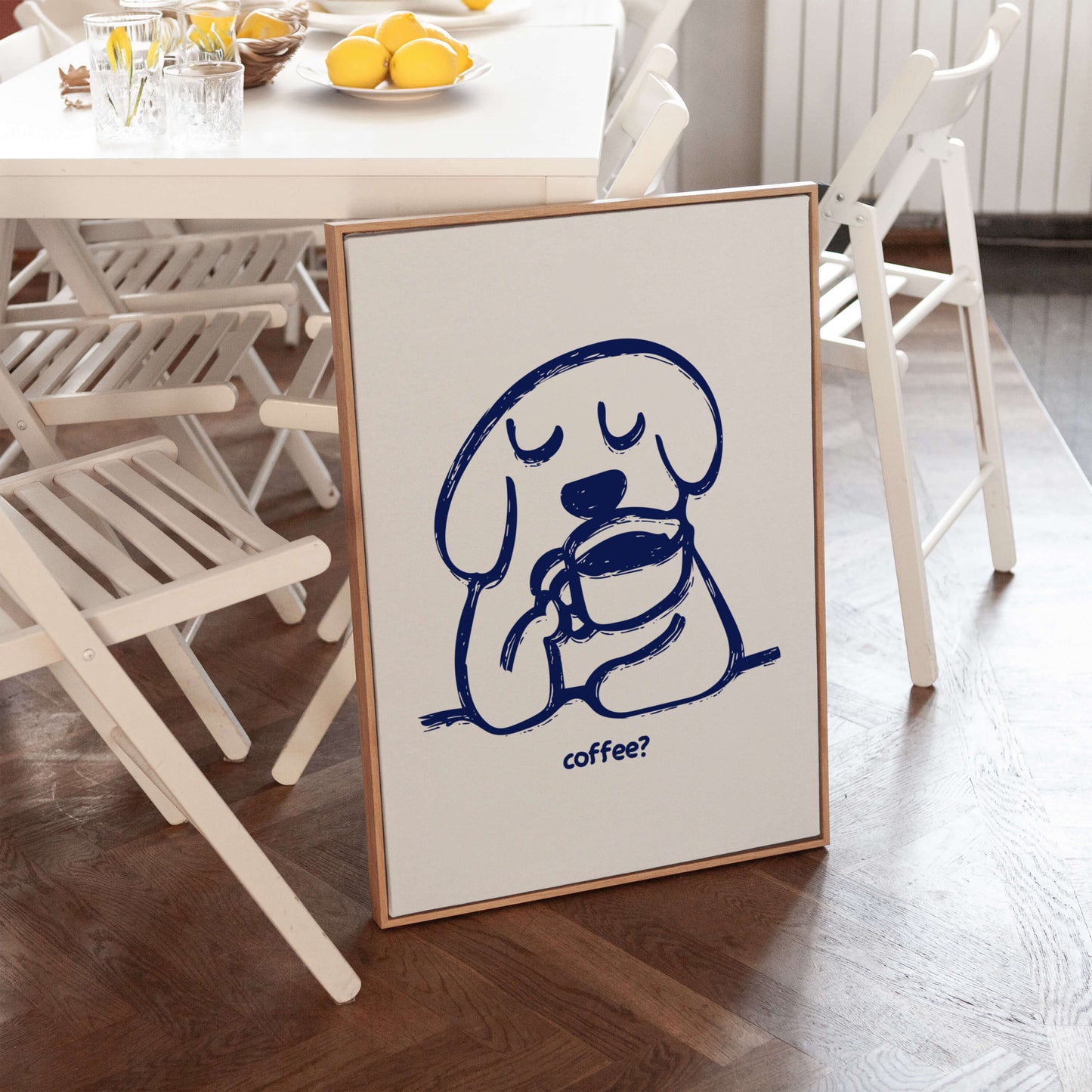 Dog Drinking Coffee Blue Poster