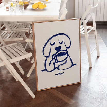 Dog Drinking Coffee Blue Poster