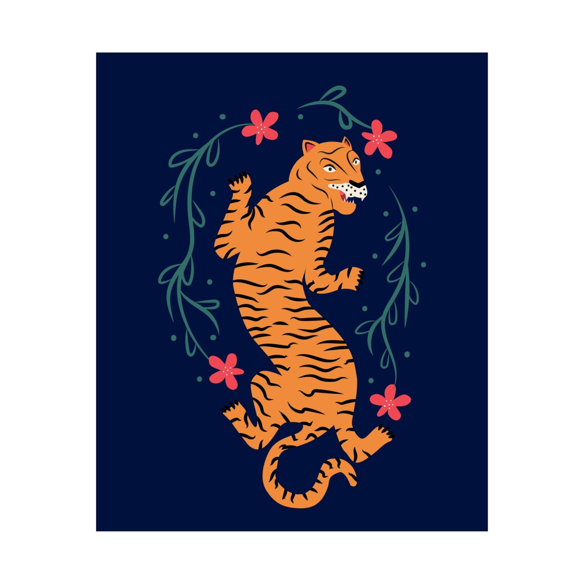 Tiger & Flowers Blue Poster