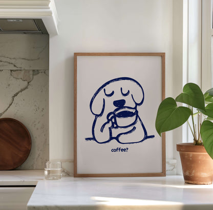 Dog Drinking Coffee Blue Poster