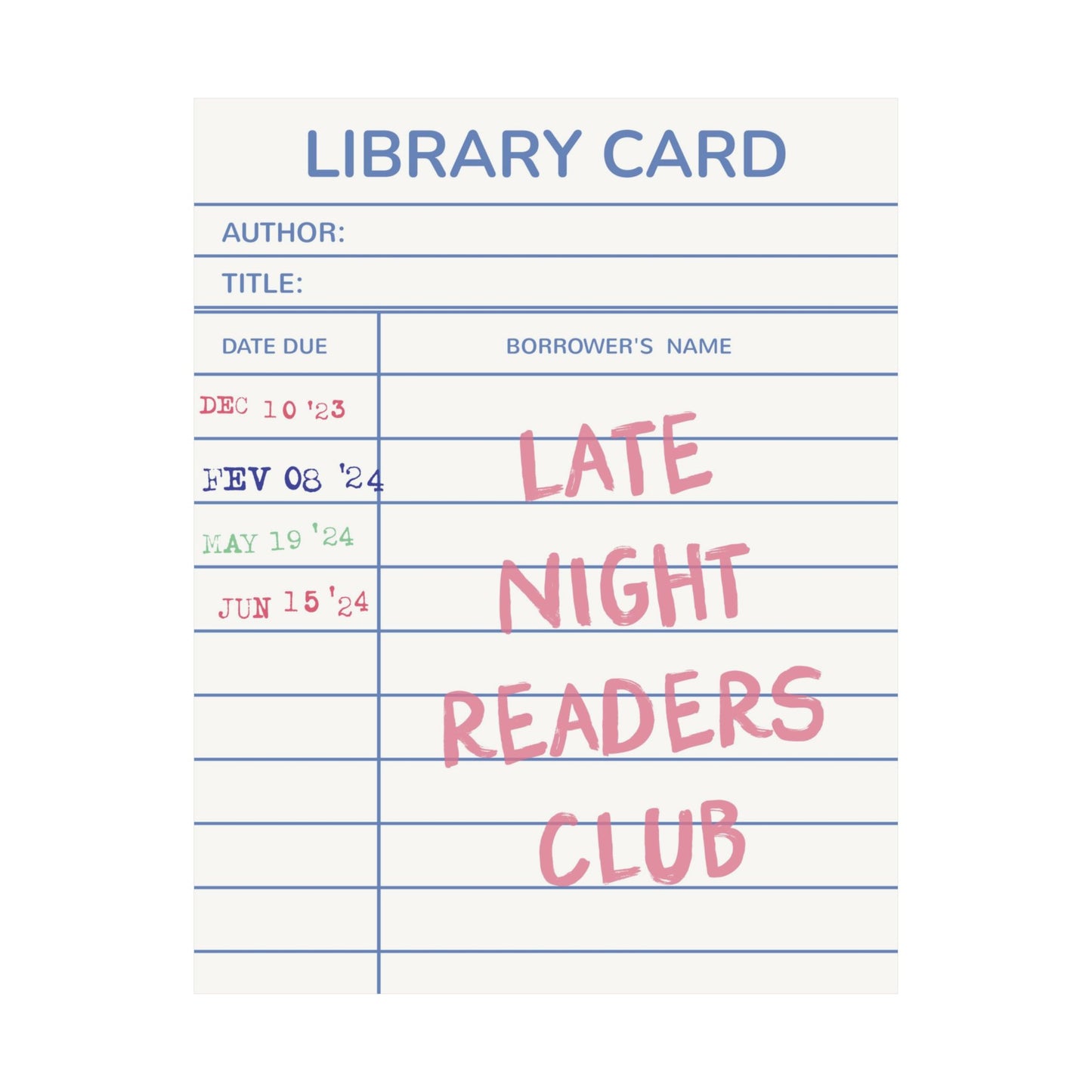 Late Night Readers Library Card Poster