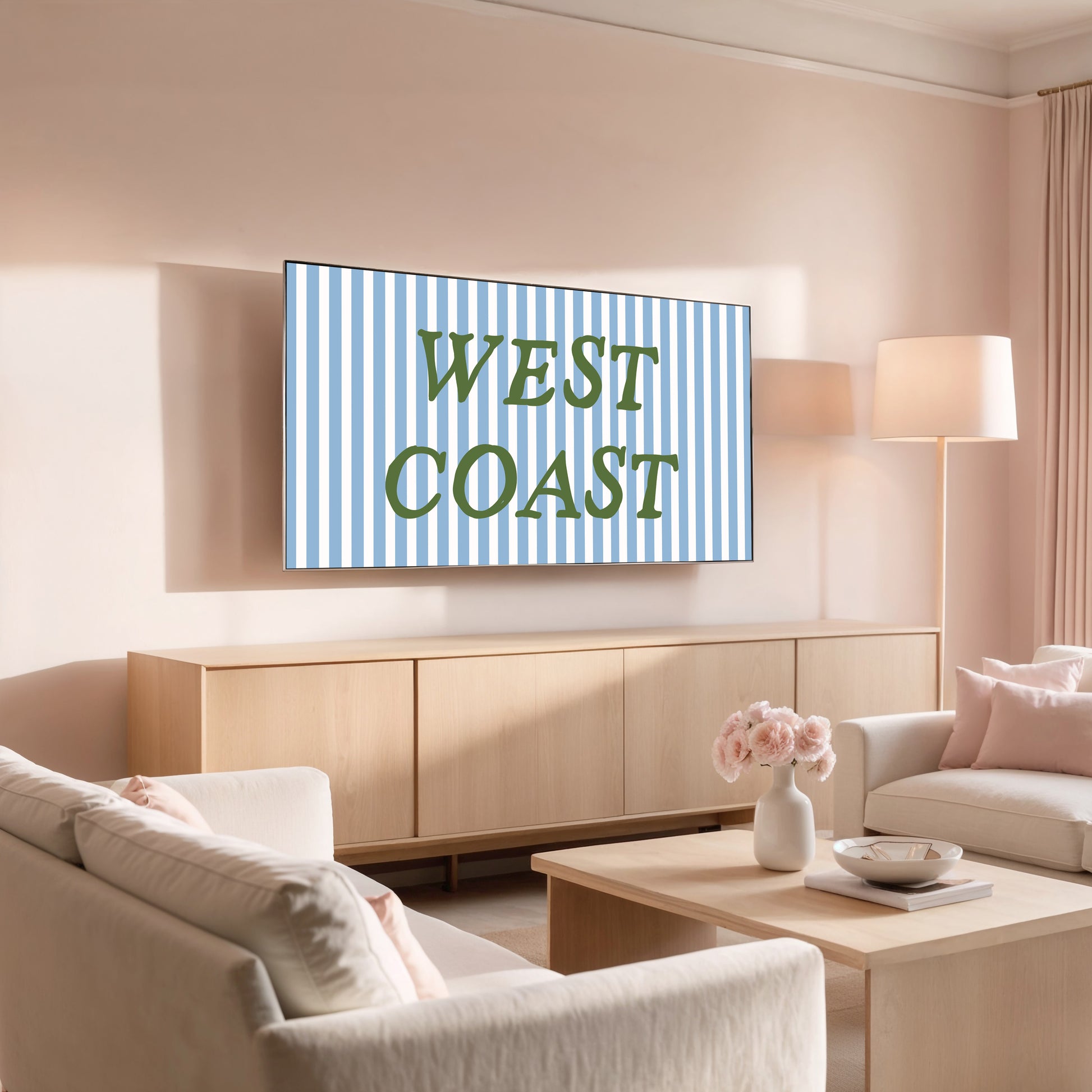 Living room with a TV displaying 'WEST COAST' text