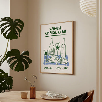 Wine and Cheese Green Kitchen Poster