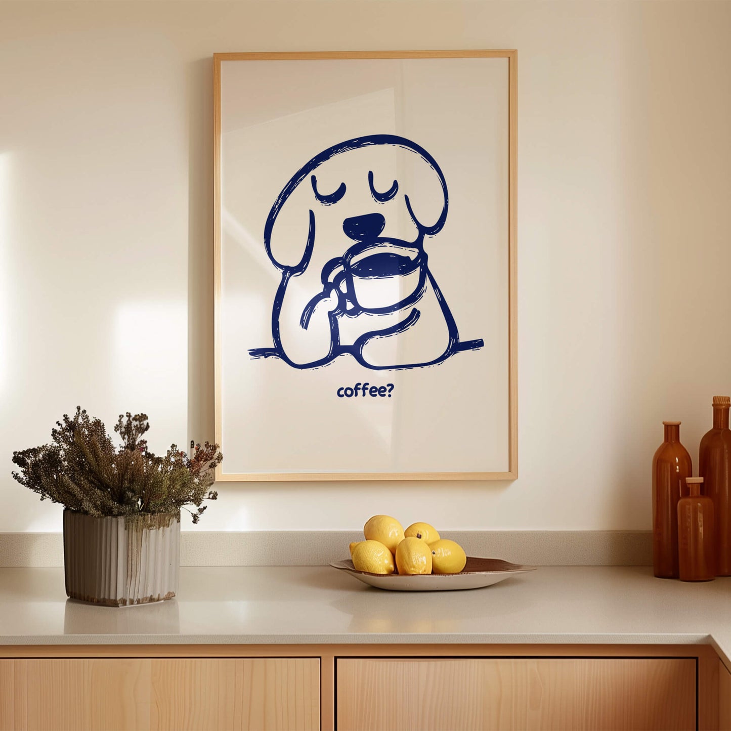 Dog Drinking Coffee Blue Poster