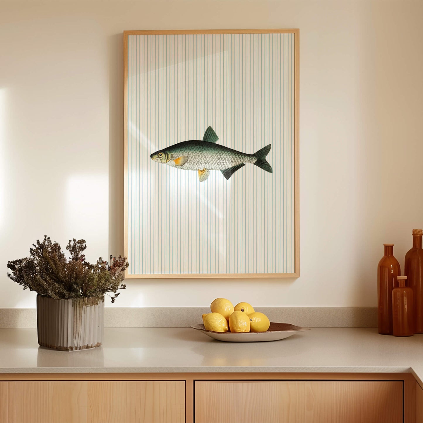 Green Fish Illustration Striped Poster