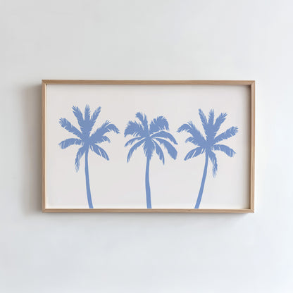 Framed artwork with blue palm tree silhouettes on a white background