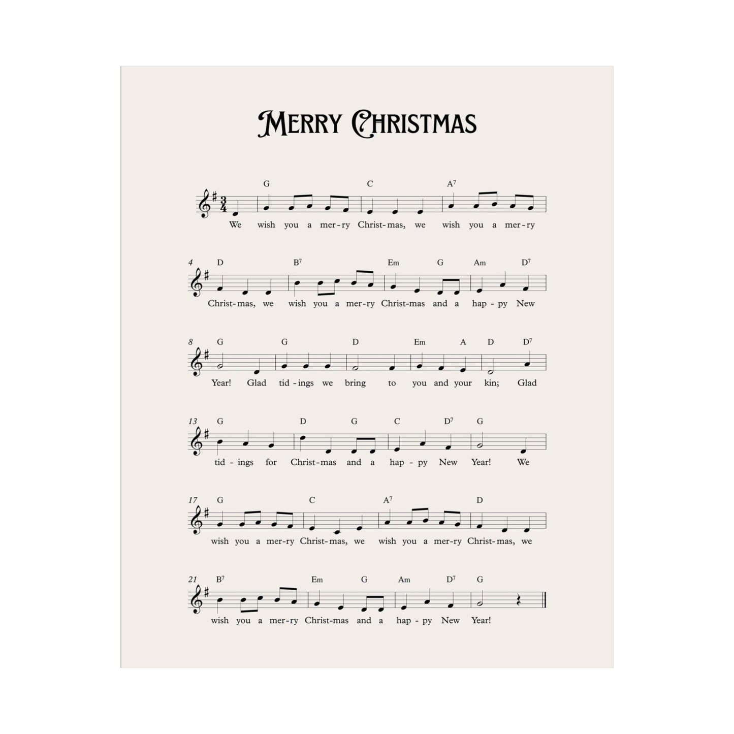 Merry Christmas Carol Music Sheet Poster