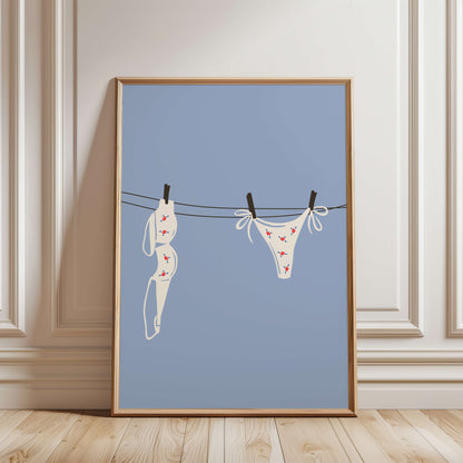 White Floral Bikini Laundry Line Poster