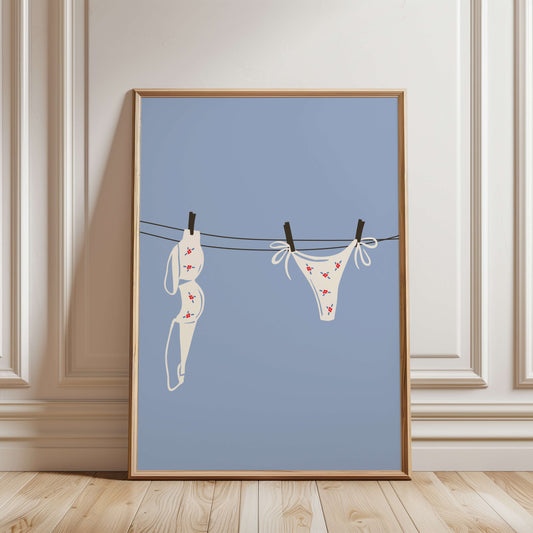 White Floral Bikini Laundry Line Poster