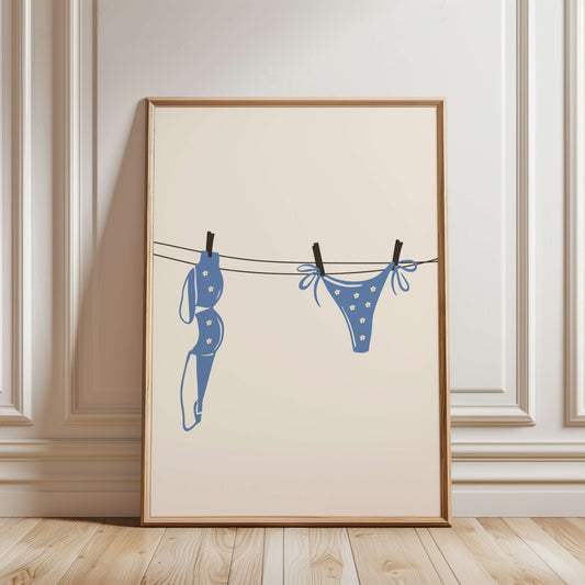 Blue Daisy Bikini Laundry Line Poster