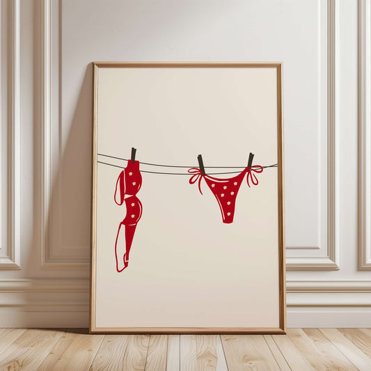 Red Daisy Bikini Laundry Line Poster