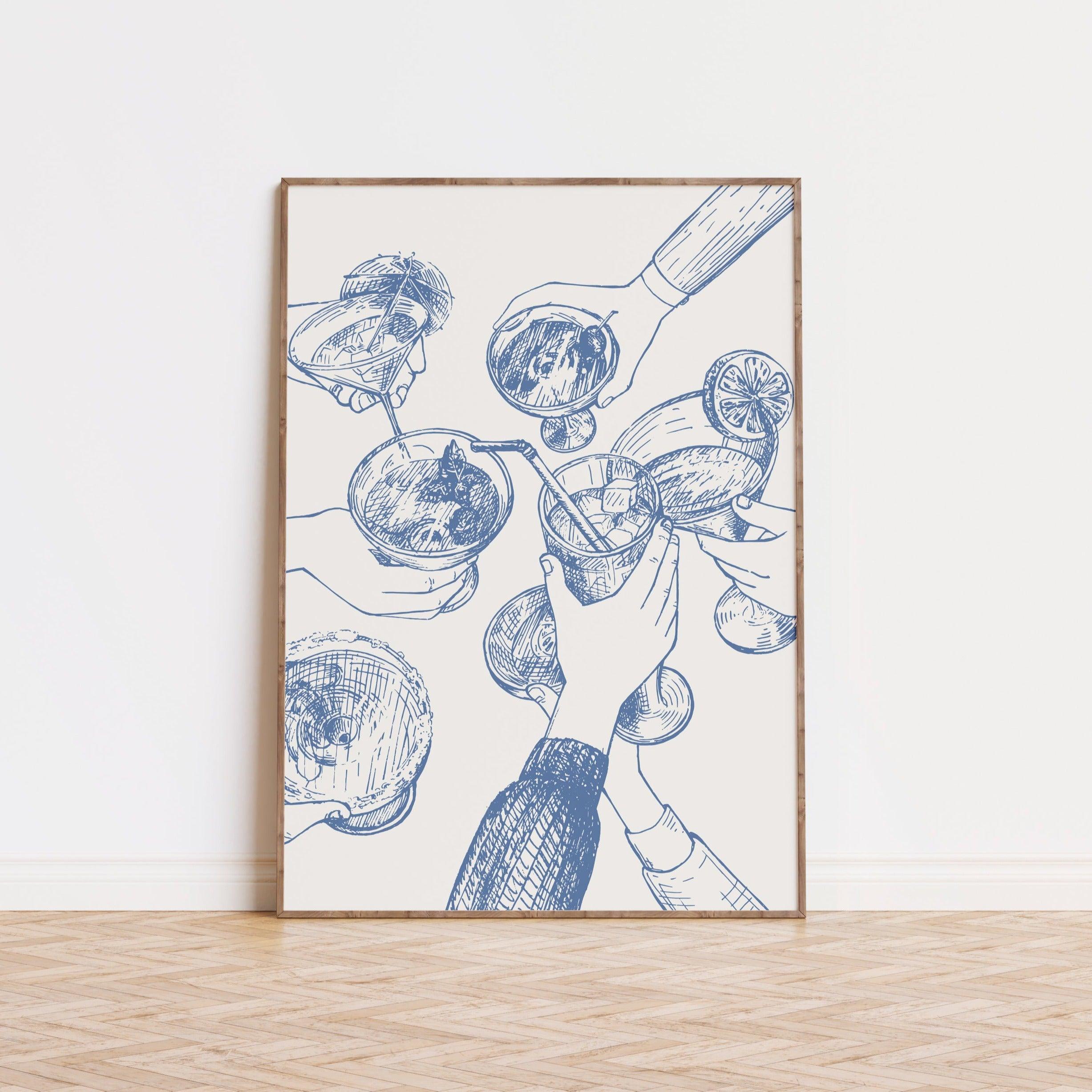 Hand Drawn Cheers Cocktail Blue Poster
