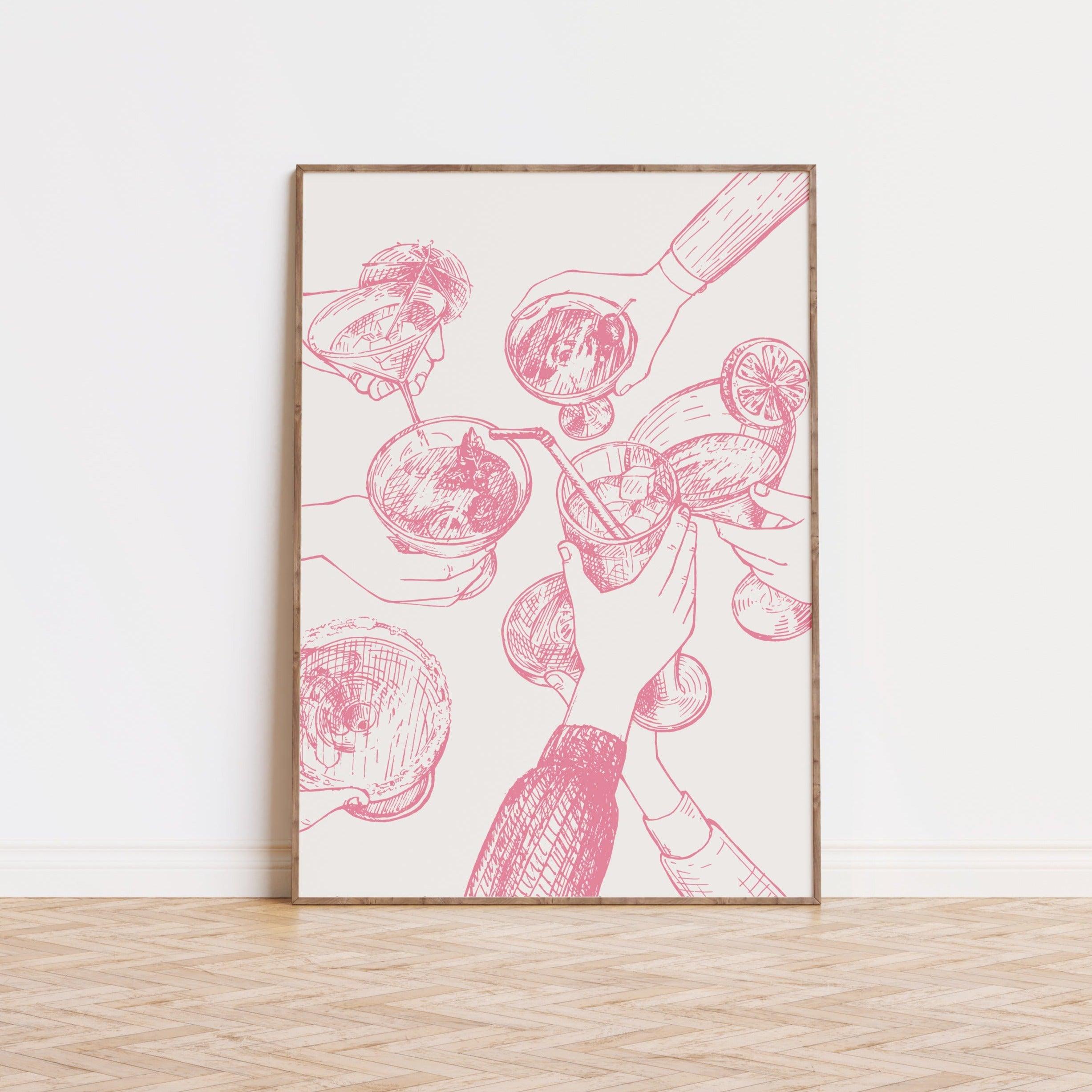 Hand Drawn Cheers Cocktail Pink Poster