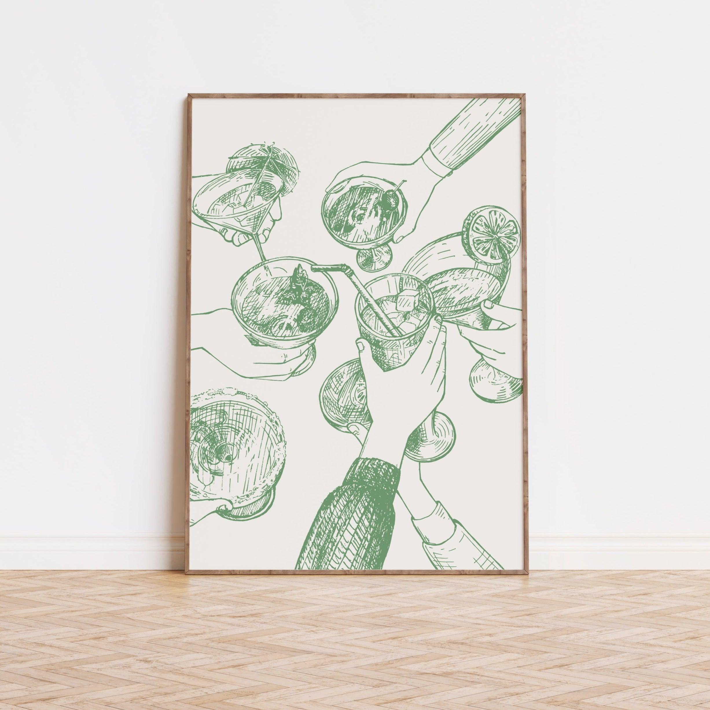 Hand Drawn Cheers Cocktail Green Poster