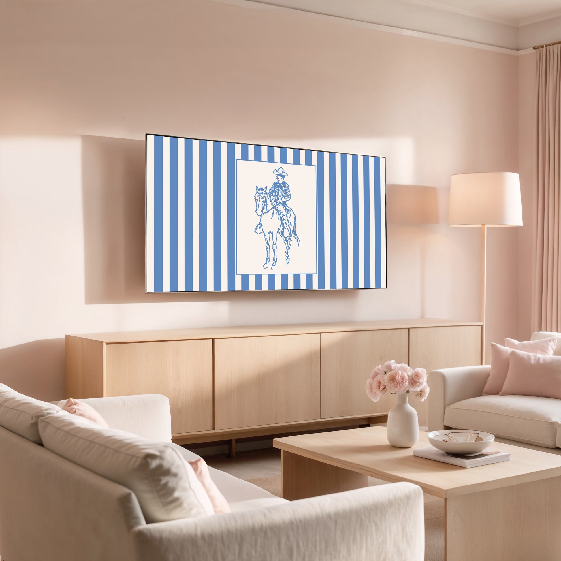 Modern living room with a TV displaying a blue and white striped pattern, beige sofa, and wooden coffee table.