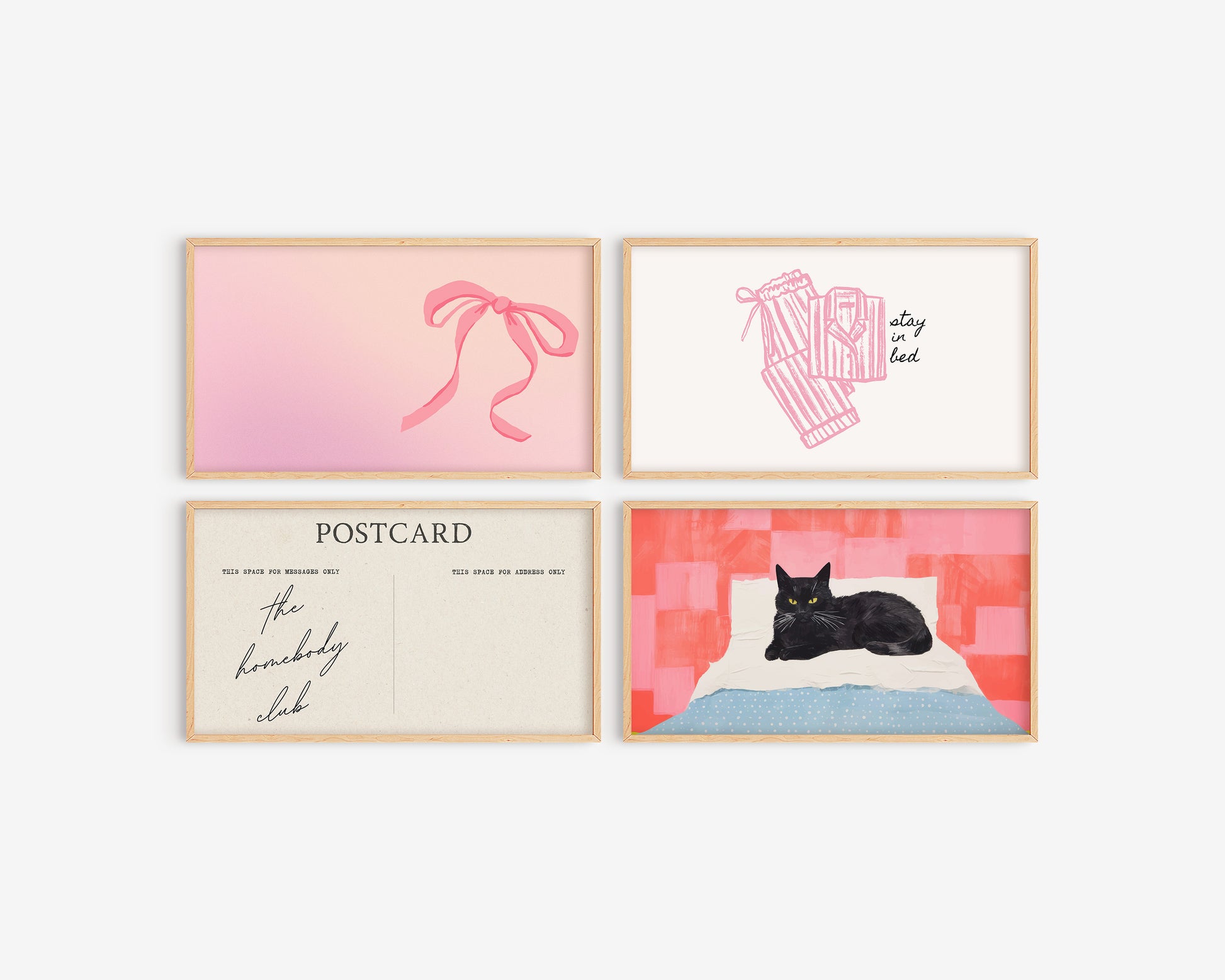 Four framed prints with different designs on a white background