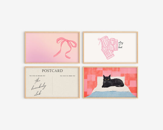 Four framed prints with different designs on a white background