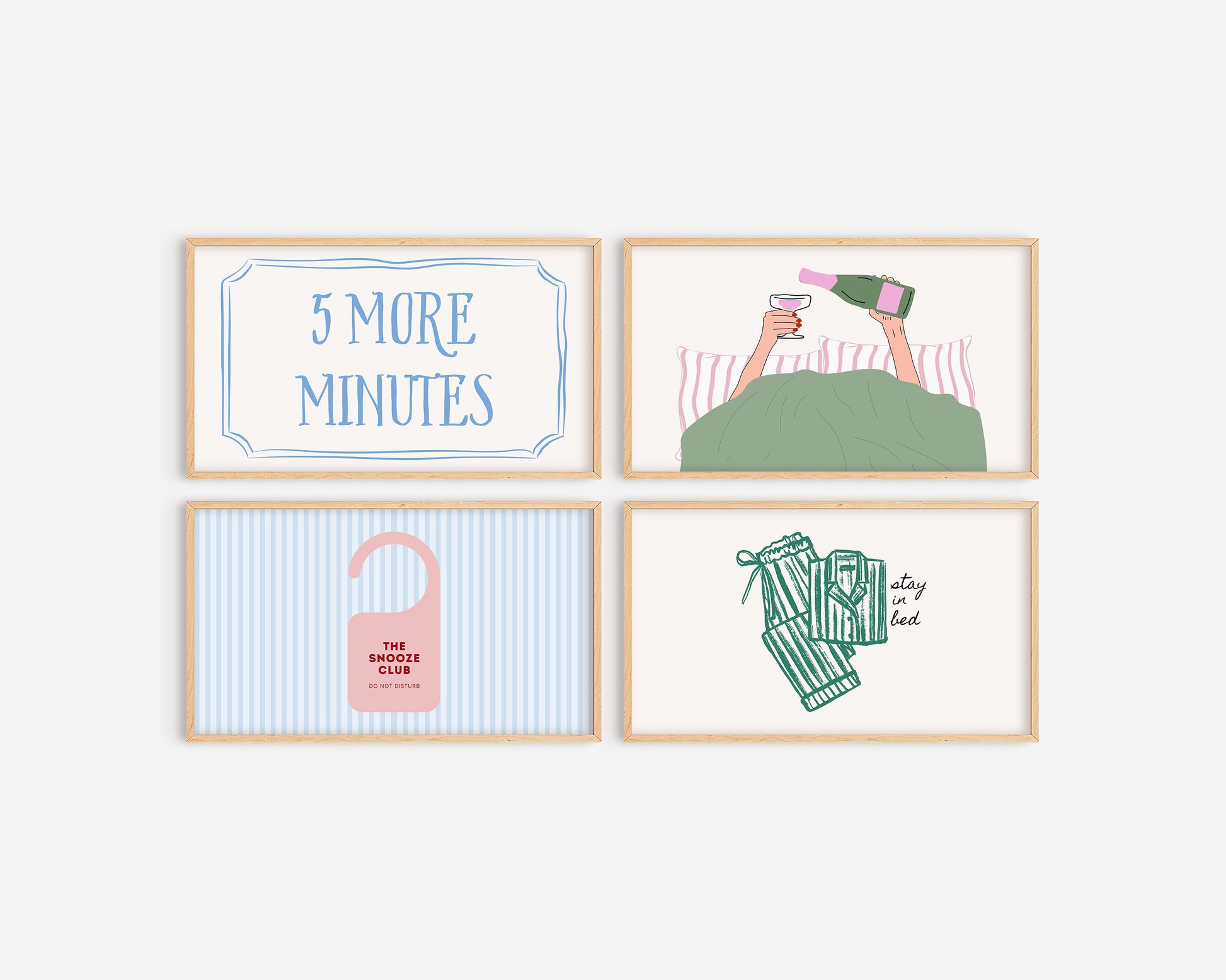 Four framed prints with humorous illustrations and text on a white background