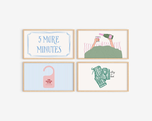 Four framed prints with humorous illustrations and text on a white background