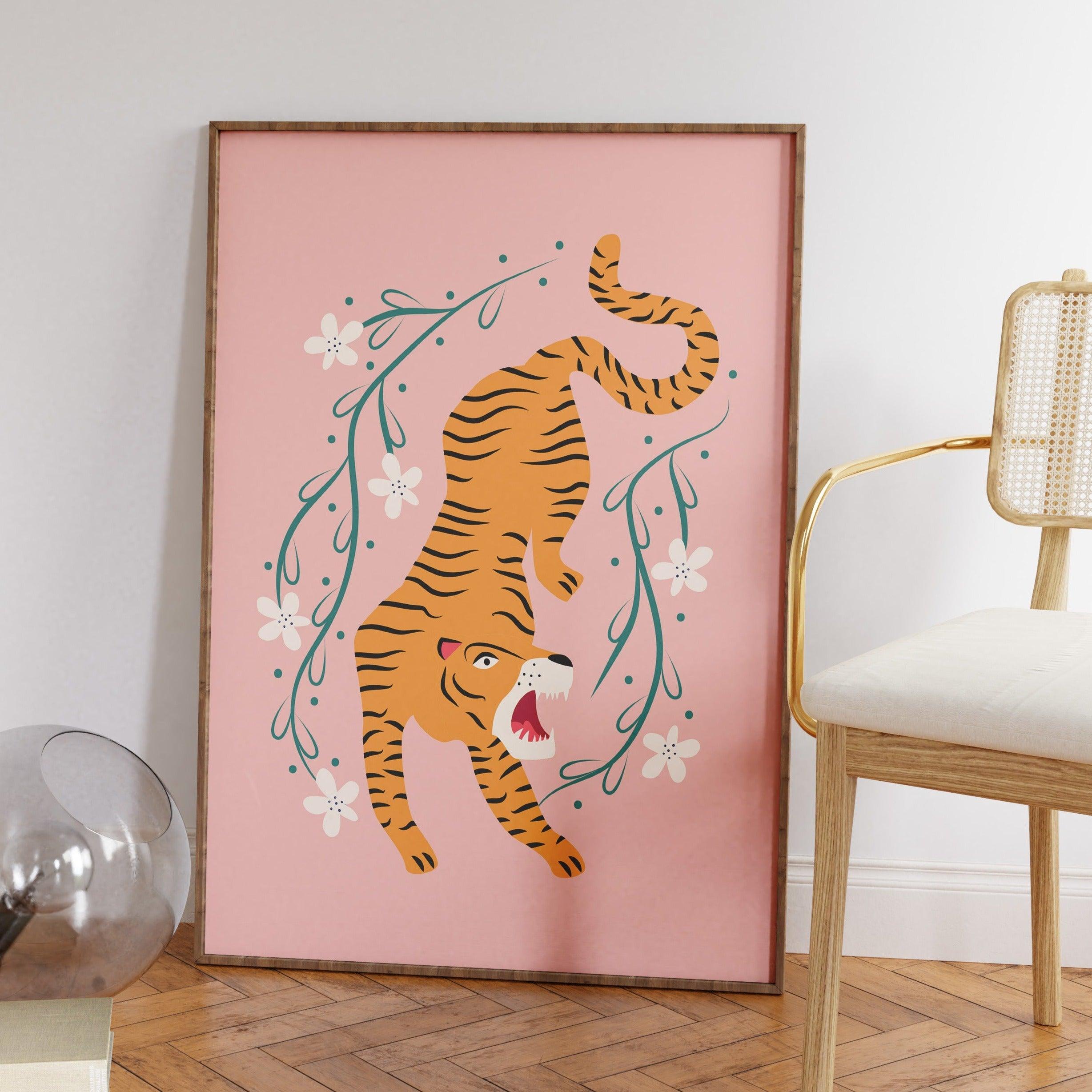 Tiger & Flowers Pink Poster