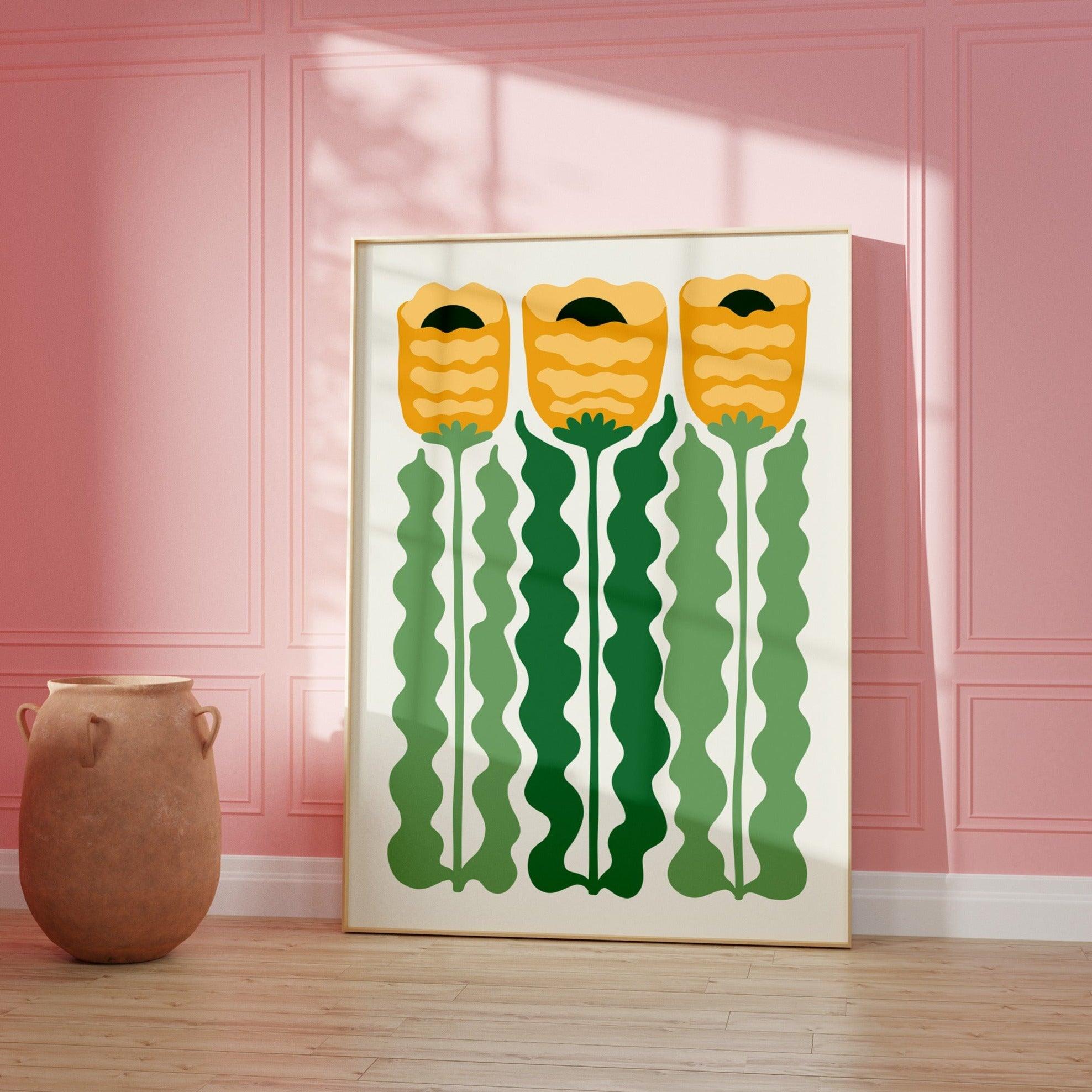 Wavy Green & Yellow Flower Poster
