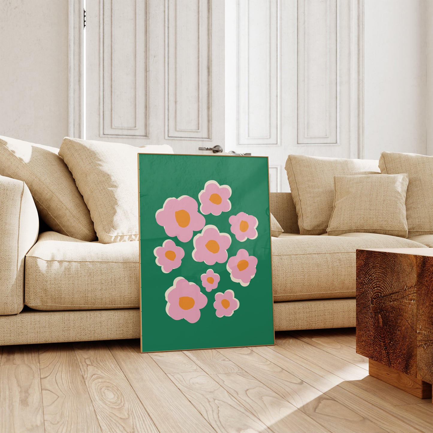 Floral painting on a green background in a living room setting