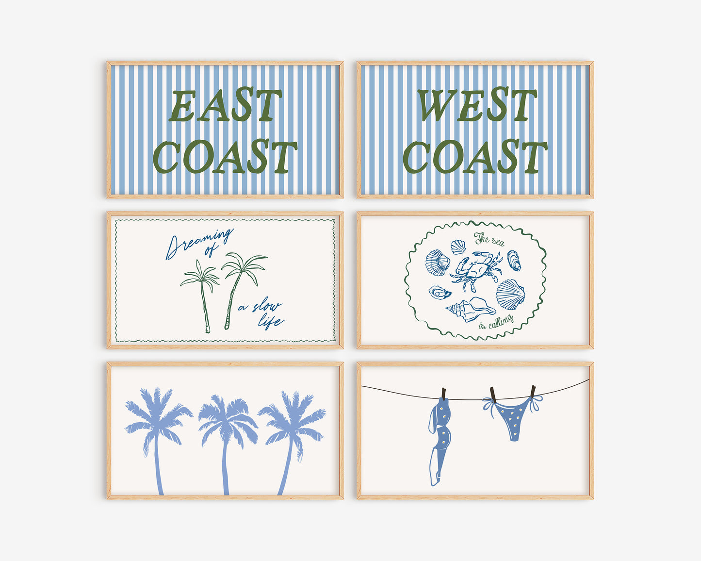 Set of six framed prints with beach-themed designs on a white background
