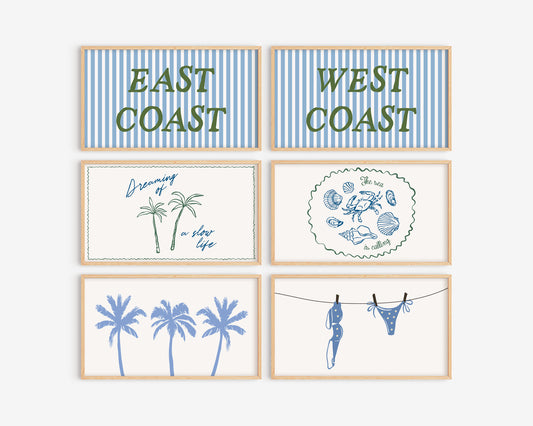 Set of six framed prints with beach-themed designs on a white background