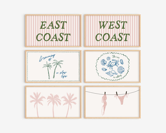 Set of six framed prints with coastal-themed designs on a white background