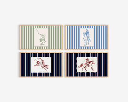 Set of four framed prints with striped borders and horse-related illustrations on a white background.