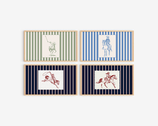 Set of four framed prints with striped borders and horse-related illustrations on a white background.